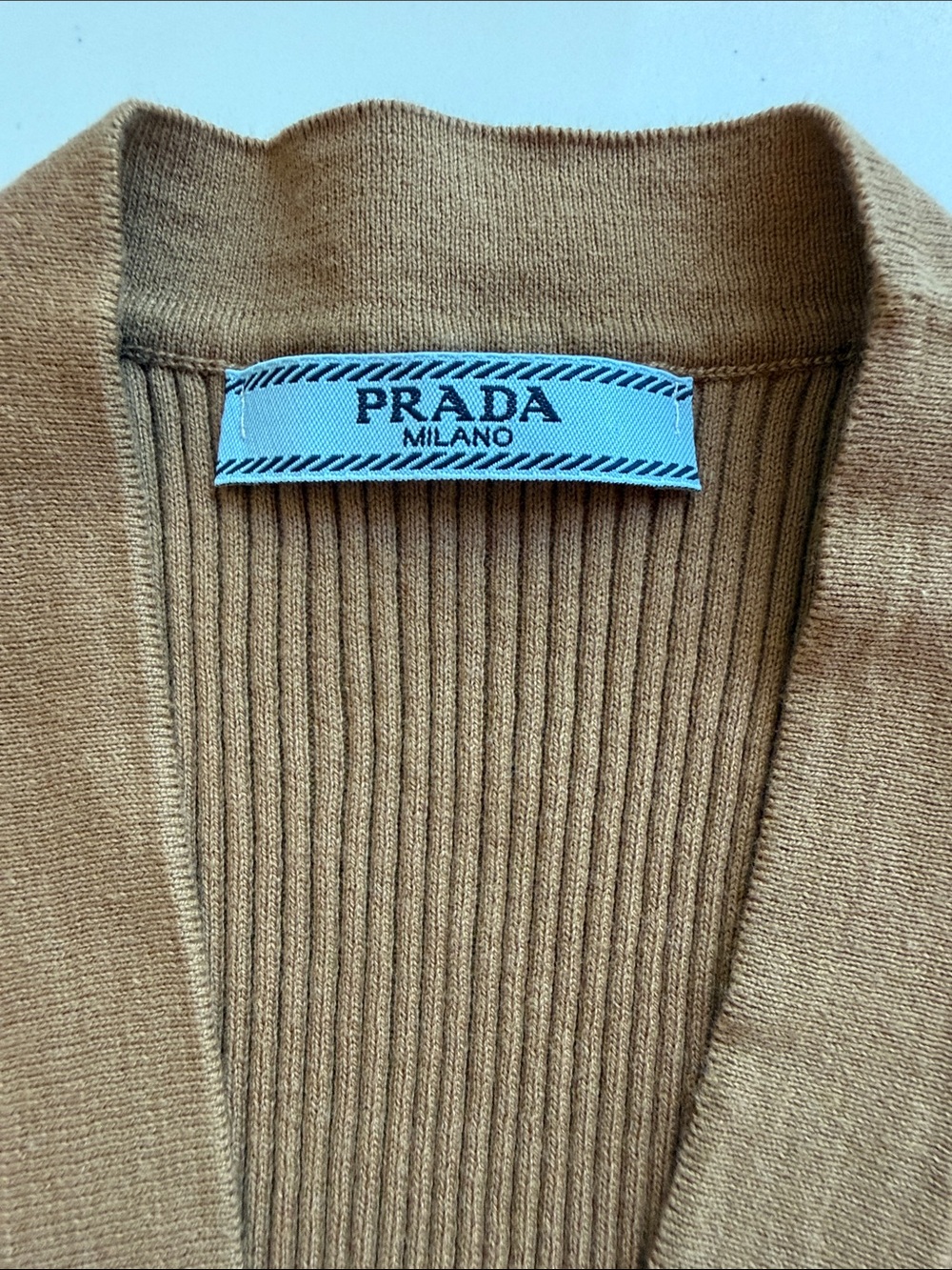 Prada Ribbed Knit Sleeveless Zip Vest Cardigan Brown Camel Leather Logo Plaque - Picture 8 of 16